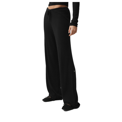 alo Women's Sweater Knit Mid-Rise Unwind Wide Leg Pant Black