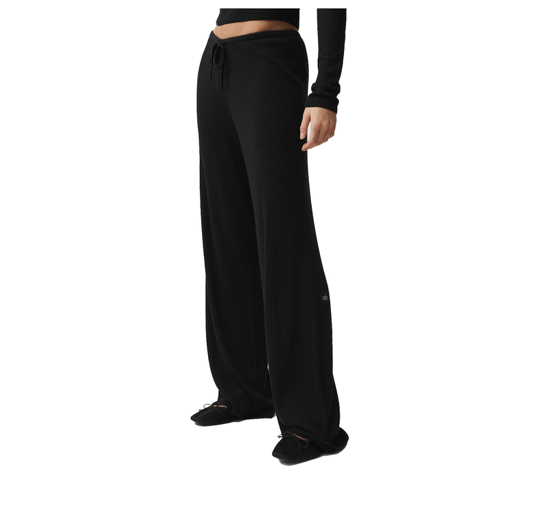 alo Women's Sweater Knit Mid-Rise Unwind Wide Leg Pant Black