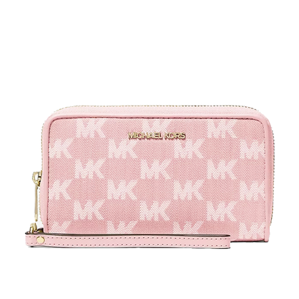 Michael Kors Women's Jet Set Travel Large Logo Jacquard Denim Smartphone Wallet Powder Blush/Gold