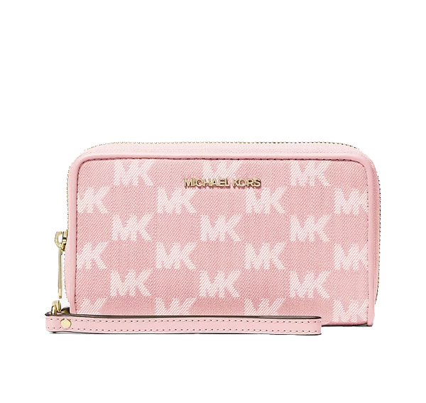 Michael Kors Women's Jet Set Travel Large Logo Jacquard Denim Smartphone Wallet Powder Blush/Gold