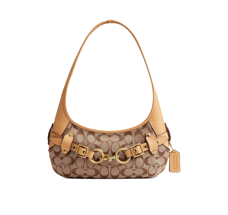 Coach Women's Belted Ergo Shoulder Bag 26 In Signature Jacquard Brass/Khaki Light Peach