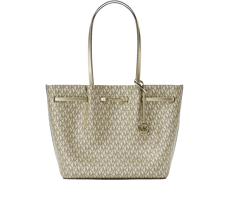 Michael Kors Women's Carson Large Metallic Signature Logo Tote Bag Pale Gold