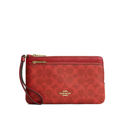 Coach Women's Double Zip Wallet In Signature Canvas Gold/Crimson