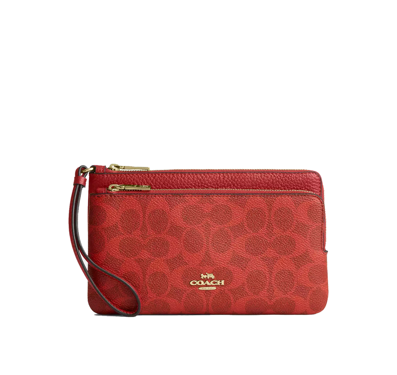 Coach Women's Double Zip Wallet In Signature Canvas Gold/Crimson