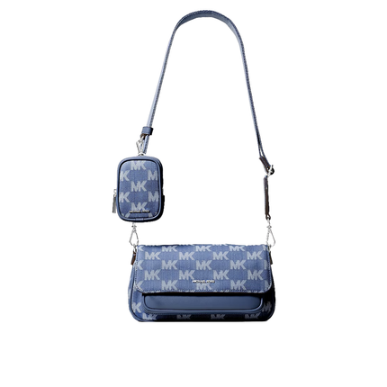 Michael Kors Women's Jet Set Travel Small Logo Jacquard Denim Crossbody Bag With Pouch Denim/Silver