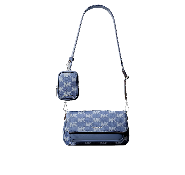 Michael Kors Women's Jet Set Travel Small Logo Jacquard Denim Crossbody Bag With Pouch Denim/Silver