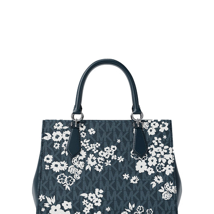 Michael Kors Women's Marilyn Medium Printed Signature Logo Satchel Bag Admiral/Silver
