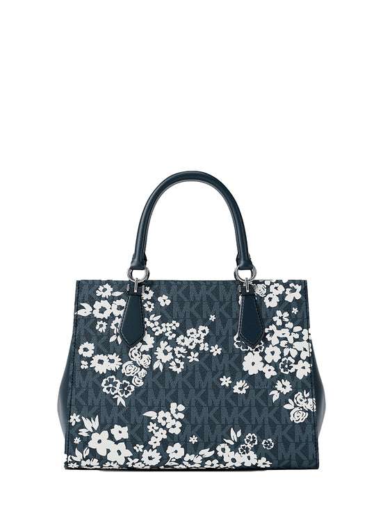 Michael Kors Women's Marilyn Medium Printed Signature Logo Satchel Bag Admiral/Silver