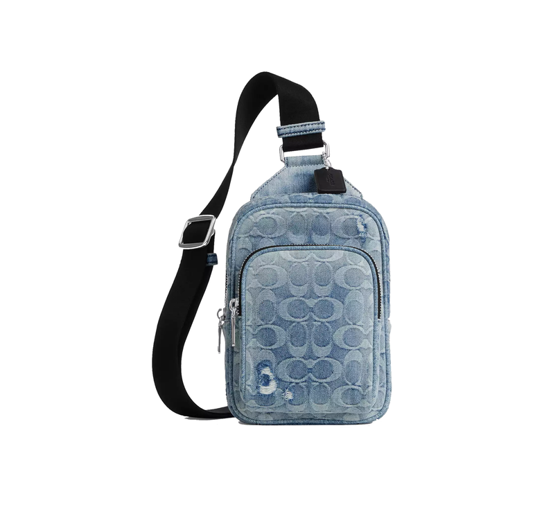 Coach Unisex Racer Sling Pack In Loved Signature Denim Silver/Light Indigo