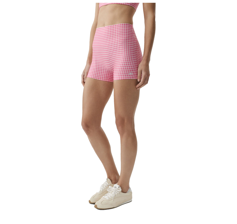 alo Women's 3" Airlift Gingham High-Waist Sleek Short Paradise Pink Gingham