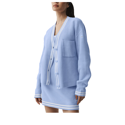 alo Women's Tennis Club Sweater Knit Cardigan Light Provence Blue/White