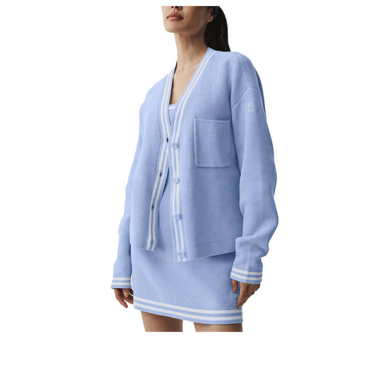 alo Women's Tennis Club Sweater Knit Cardigan Light Provence Blue/White