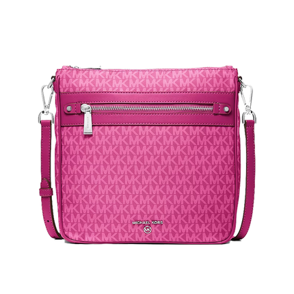 Michael Kors Women's Jet Set Large Logo Print Woven Crossbody Bag Raspberry/Silver
