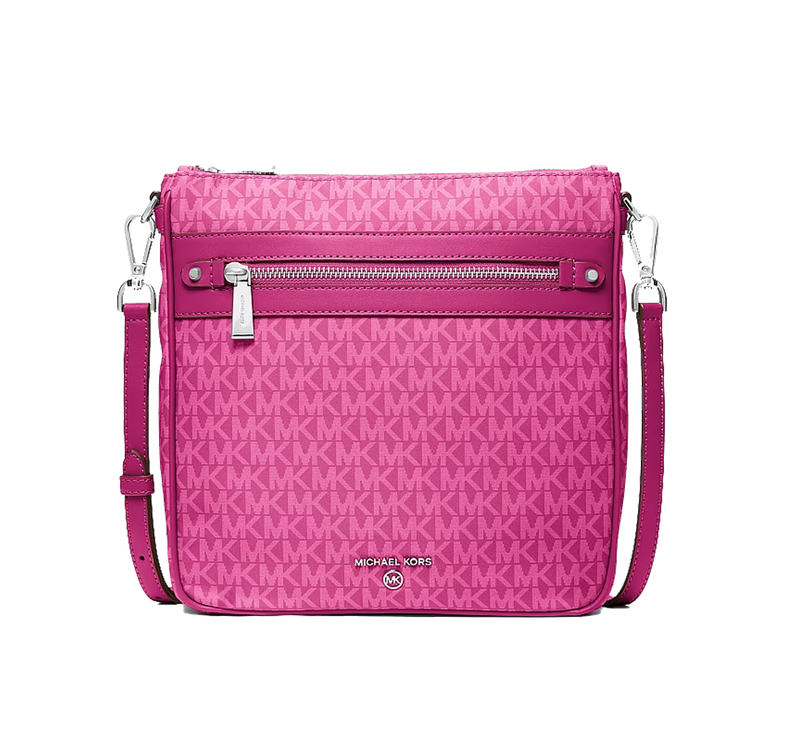 Michael Kors Women's Jet Set Large Logo Print Woven Crossbody Bag Raspberry/Silver