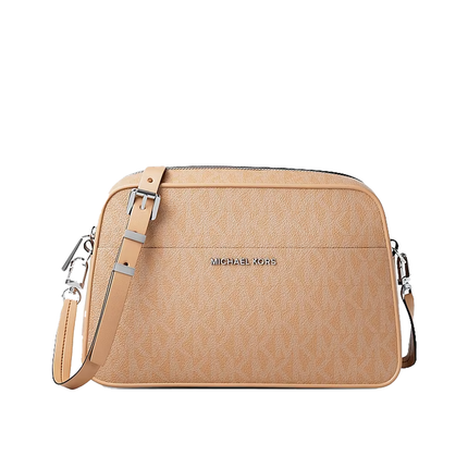 Michael Kors Women's Jet Set Small Signature Logo Camera Crossbody Bag Peanut/Silver