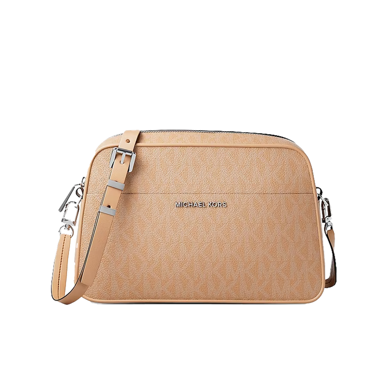 Michael Kors Women's Jet Set Small Signature Logo Camera Crossbody Bag Peanut/Silver