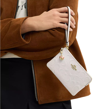 Coach Women's Corner Zip Wristlet In Signature Leather With Heart Charm Gold/Chalk