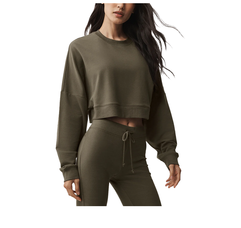 alo Women's Cropped Sway Crew Neck Pullover Olive Tree