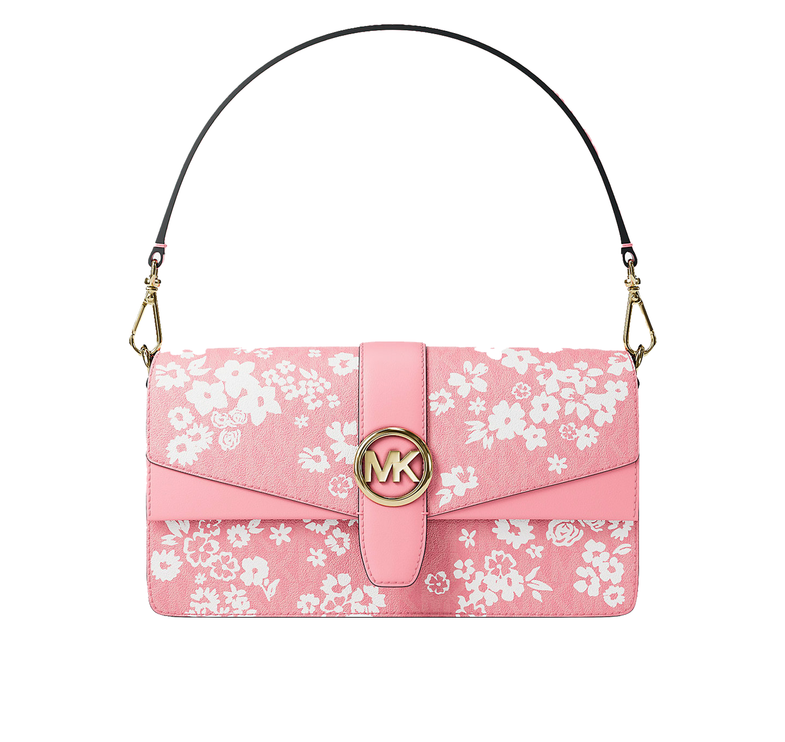 Michael Kors Women's Greenwich Medium Printed Signature Logo Convertible Shoulder Bag Carnation/Gold
