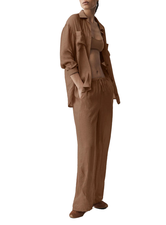 alo Women's Semi-Sheer Golden Hour Button Down Long Sleeve Sun Kissed Brown