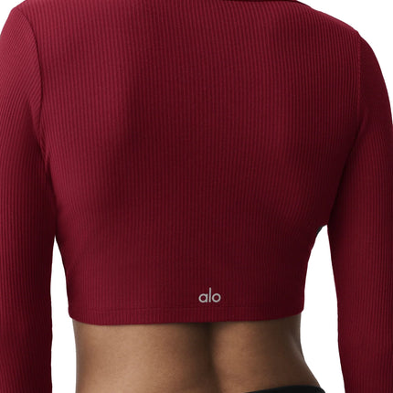 alo Women's Ribbed Cropped Whisper Cardigan Summer Romance Red