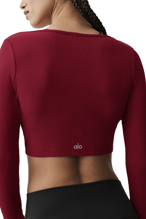 alo Women's Ribbed Cropped Whisper Cardigan Summer Romance Red