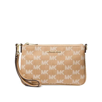 Michael Kors Women's Jet Set Travel Small Logo Jacquard Denim Wristlet Camel/Gold