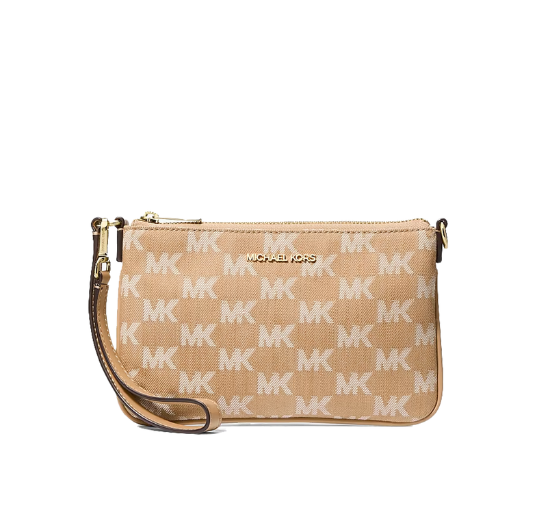 Michael Kors Women's Jet Set Travel Small Logo Jacquard Denim Wristlet Camel/Gold