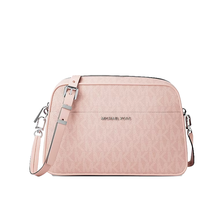 Michael Kors Women's Jet Set Small Signature Logo Camera Crossbody Bag Smokey Rose/Silver