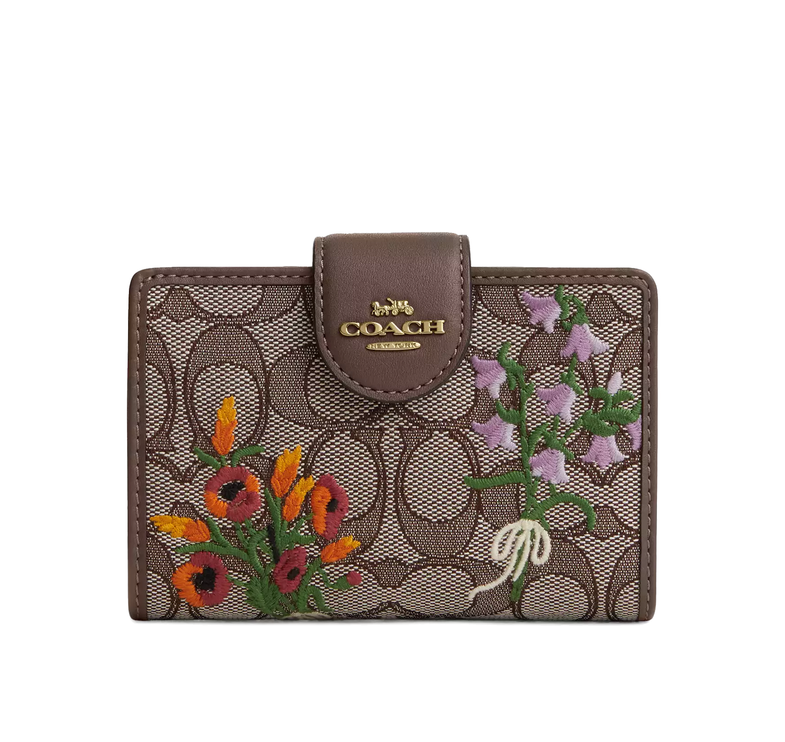 Coach Women's Medium Corner Zip Wallet In Signature Jacquard With Floral Embroidery Gold/Oak Multi