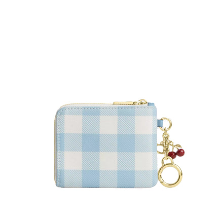 Coach Women's Small Corner Zip Wallet With Gingham Print And Charms Gold/Blue Multi