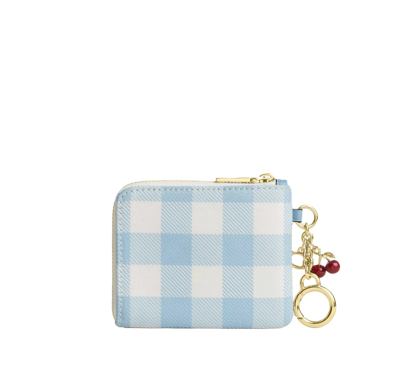 Coach Women's Small Corner Zip Wallet With Gingham Print And Charms Gold/Blue Multi