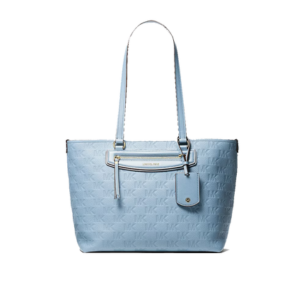 Michael Kors Women's Jet Set Travel Medium Logo Embossed Leather Tote Bag Chambray/Gold