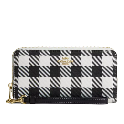 Coach Women's Long Zip Around Wallet With Gingham Print Gold/Black Multi