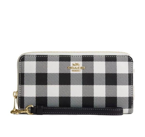 Coach Women's Long Zip Around Wallet With Gingham Print Gold/Black Multi