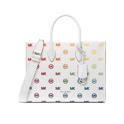 Michael Kors Women's Mirella Medium Rainbow Logo Embossed Tote Bag Optic White/Silver