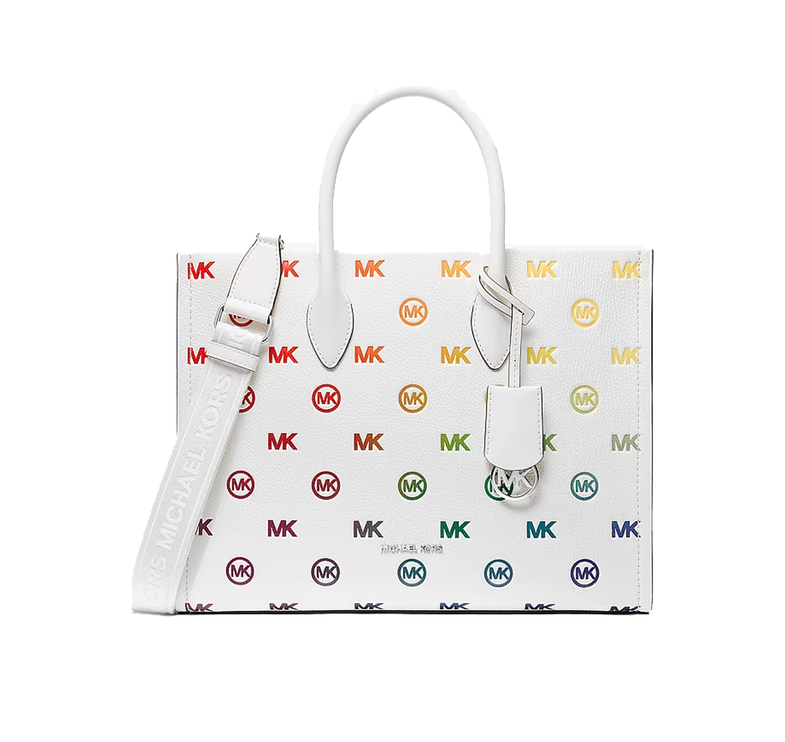 Michael Kors Women's Mirella Medium Rainbow Logo Embossed Tote Bag Optic White/Silver