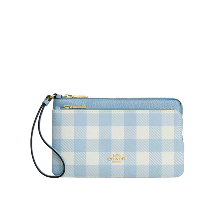 Coach Women's Double Zip Wristlet With Gingham Print Gold/Blue Multi
