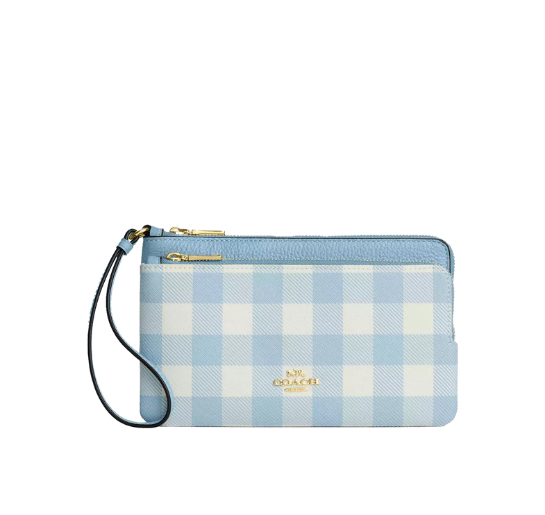 Coach Women's Double Zip Wristlet With Gingham Print Gold/Blue Multi