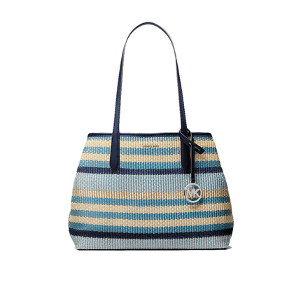 Michael Kors Women's Avalon Medium Striped Woven Tote Bag Navy/Silver