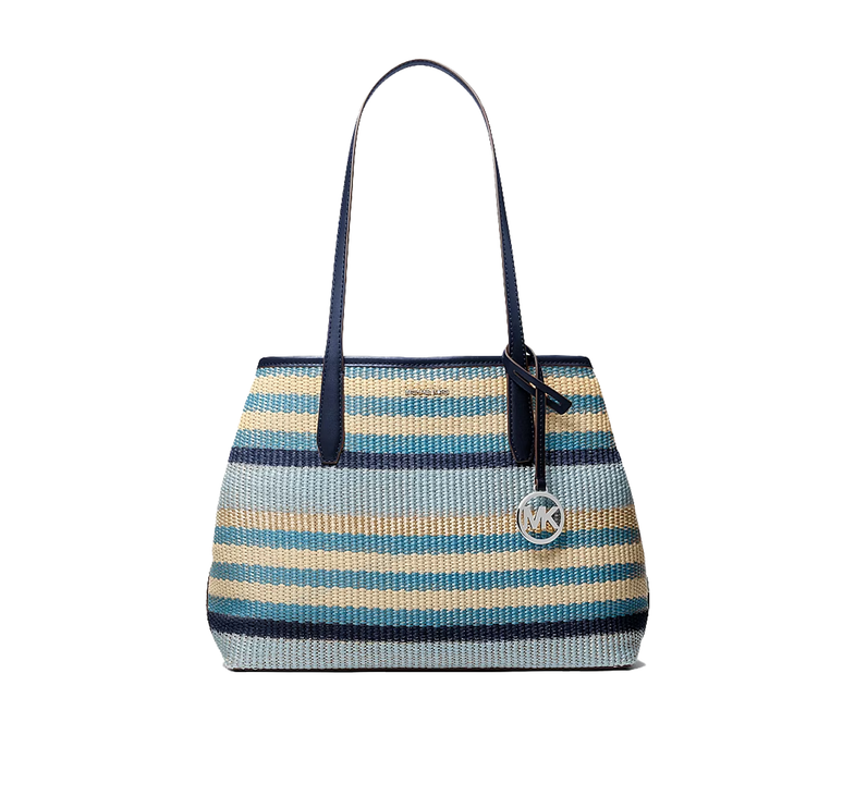 Michael Kors Women's Avalon Medium Striped Woven Tote Bag Navy/Silver