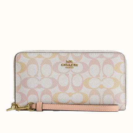 Coach Women's Long Zip Around Wallet In Pretty Signature Canvas Gold/Chalk/Pink