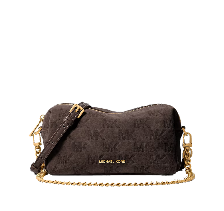 Michael Kors Women's Bryant Small Logo Embossed Suede Convertible Crossbody Bag Chocolate/Gold