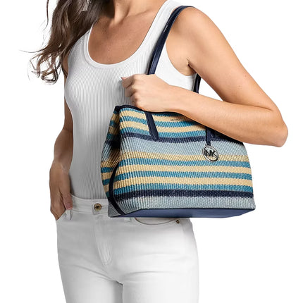 Michael Kors Women's Avalon Medium Striped Woven Tote Bag Navy/Silver
