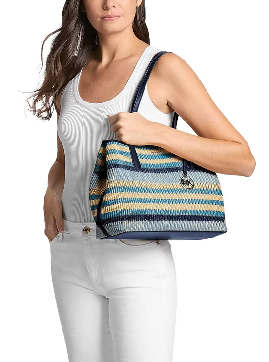 Michael Kors Women's Avalon Medium Striped Woven Tote Bag Navy/Silver