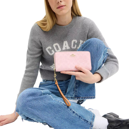 Coach Women's Long Zip Around Wallet In Signature Canvas Gold/Powder Pink