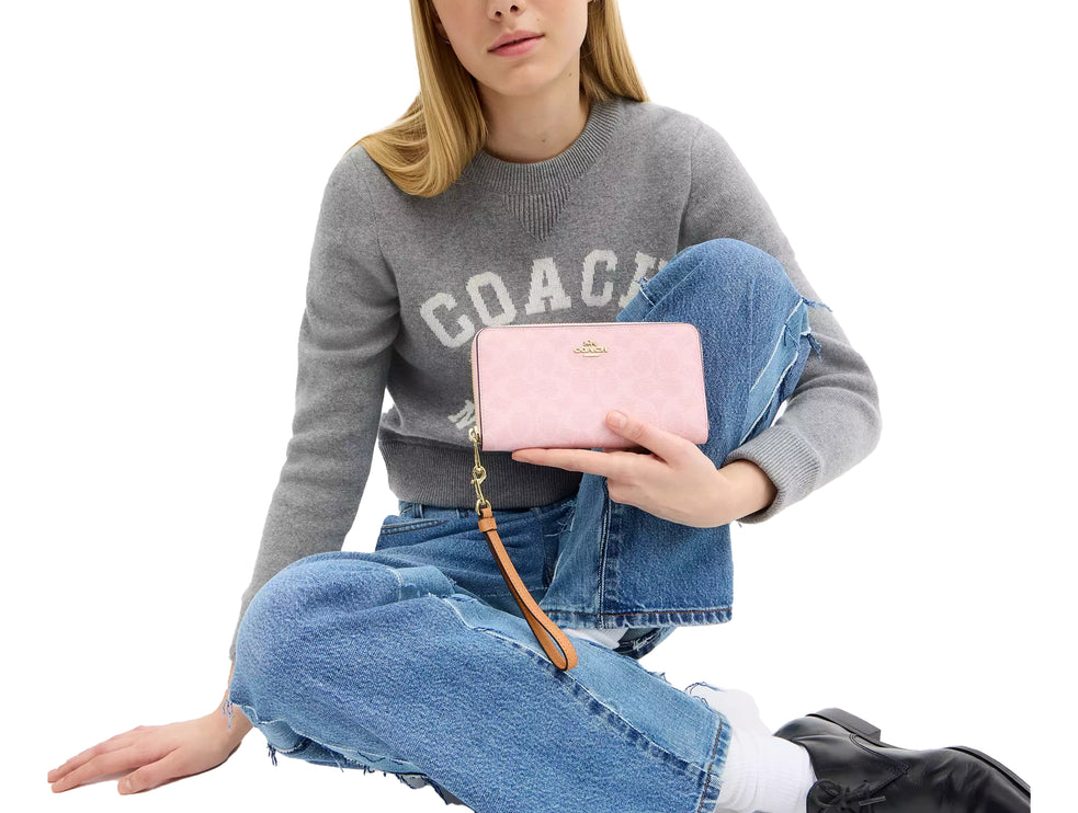 Coach Women's Long Zip Around Wallet In Signature Canvas Gold/Powder Pink
