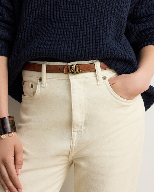 Polo Ralph Lauren Women's Logo Reversible Embossed Skinny Belt Lauren Tan
