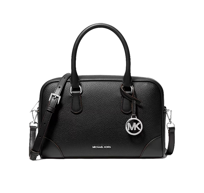 Michael Kors Women's Thompson Medium Pebbled Leather Satchel Bag Black/Silver