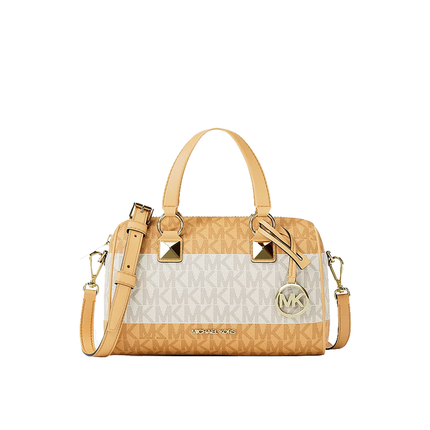 Michael Kors Women's Grayson Small Striped Signature Logo Duffel Crossbody Bag Honeywheat/Gold